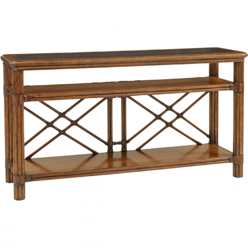 Islander Console With Glass Top with Framed Glass Top on Leather Wrapped Reeded Legs