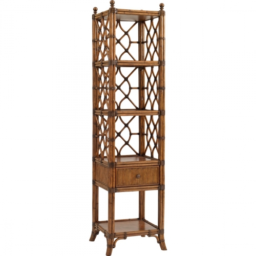 Atlantis Etagere with Bent Rattan End Panels & Back and Antique Brass Metal Finials