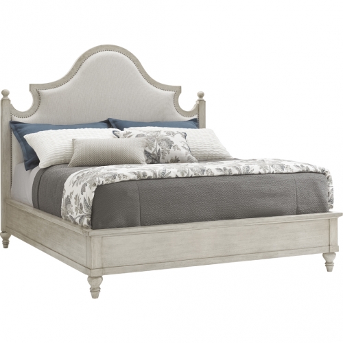 Arbor Hills Queen Bed in Oyster Shell Wood & Gray Ivory Fabric