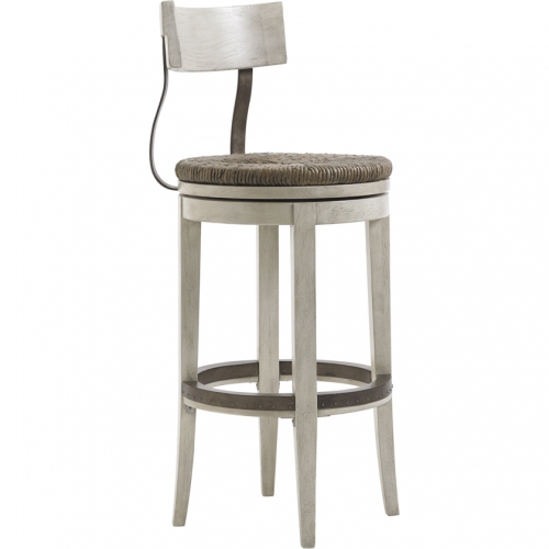 Merrick Swivel Bar Stool in Oyster Shell Wood, Metal & Rush