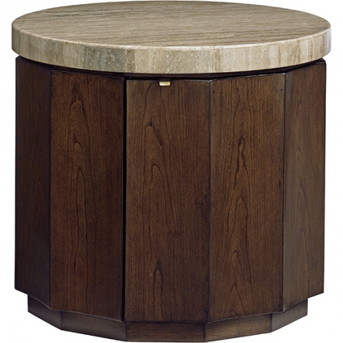 Glendora Drum Table in Silver Travertine & Mocha Cherry