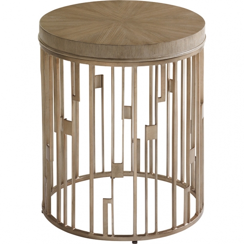 Studio Round Accent Table in Taupe Gray Wood & Burnished Silver Metal