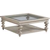 Castlerock Cocktail Table in Taupe Wood, Cane & Glass
