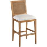 Cleo Bar Stool in Nutmeg Brown Frame, Cane & Linen White Fabric