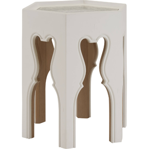 Bilbao Hexagonal End Table in White Finish Wood, Buff & Antique Mirror