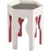 Bilbao Hexagonal End Table in White Finish Wood, Coral & Antique Mirror