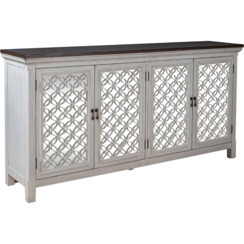 Westridge 4 Door Accent Cabinet in Brushed White Gray, Mirror & Wood