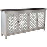Westridge 4 Door Accent Cabinet in Brushed White Gray, Mirror & Wood