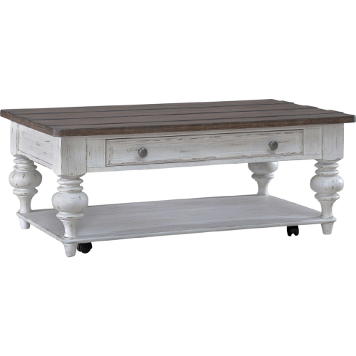 River Place Coffee Cocktail Table in Distressed White & Tobacco Brown Finish