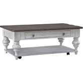 River Place Coffee Cocktail Table in Distressed White & Tobacco Brown Finish