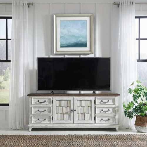 River Place 75" Console TV Stand in Distressed White & Tobacco Brown Finish