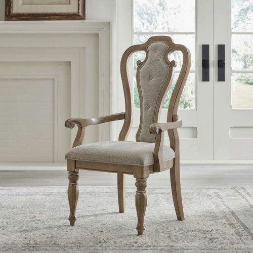 Magnolia Manor Splat Back Dining Arm Chair in Weathered Bisque & Tweed Fabric