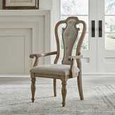 Magnolia Manor Splat Back Dining Arm Chair in Weathered Bisque & Tweed Fabric