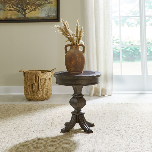 Paradise Valley Round Chairside End Table in Brown Wood & Blue Stone
