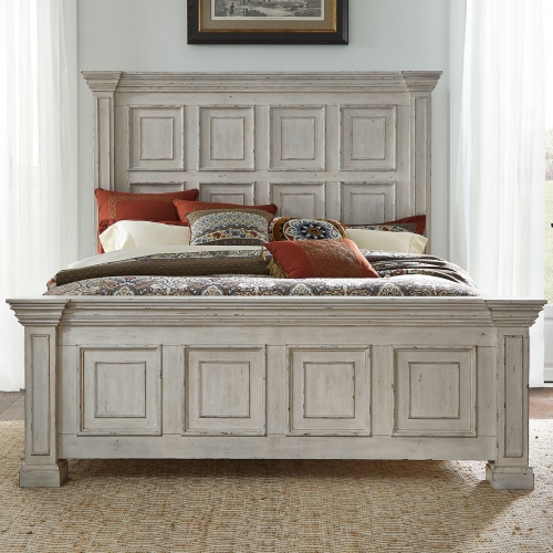 Big Valley King Panel Bed in Distressed Whitestone Finish
