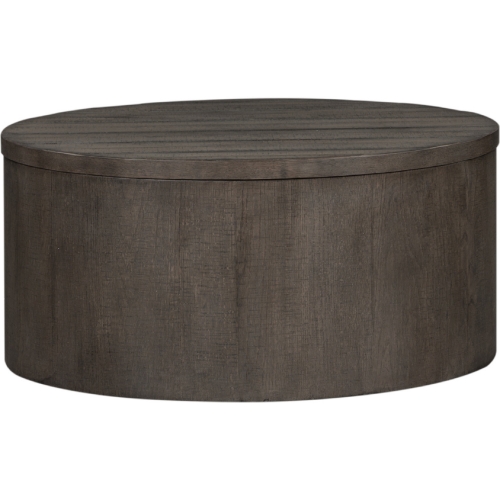 Modern Farmhouse Drum Cocktail Table in Distressed Charcoal