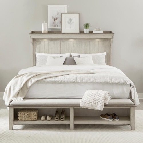 Ivy Hollow Queen Mantle Storage Bed in Distressed Linen Wood, Taupe & Fabric
