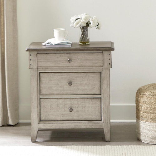 Ivy Hollow 3 Drawer Nightstand with Charging in Distressed Linen & Taupe