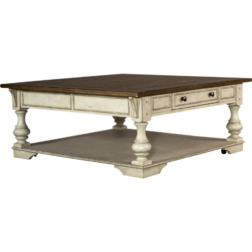 Drawer Square Coffee Cocktail Table in Antique White & Tobacco Finish