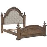 Carlisle Court King Poster Bed in Waxed Chestnut Finish & Tufted Linen