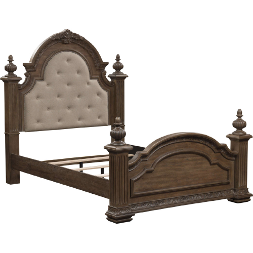 Carlisle Court Queen Poster Bed in Waxed Chestnut Finish & Tufted Linen