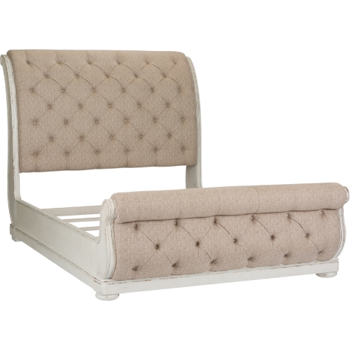 Abbey Park Queen Sleigh Bed in Antique White & Tufted Chenille