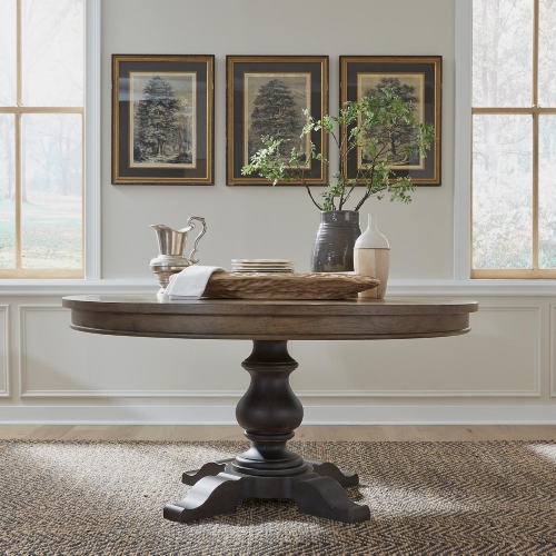 Americana Farmhouse 60" Round Pedestal Dining Table in Taupe & Black