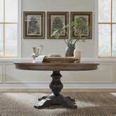 Americana Farmhouse 60" Round Pedestal Dining Table in Taupe & Black