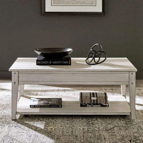 Lake House Lift Top Coffee Cocktail Table in Weathered White Oak Veneer