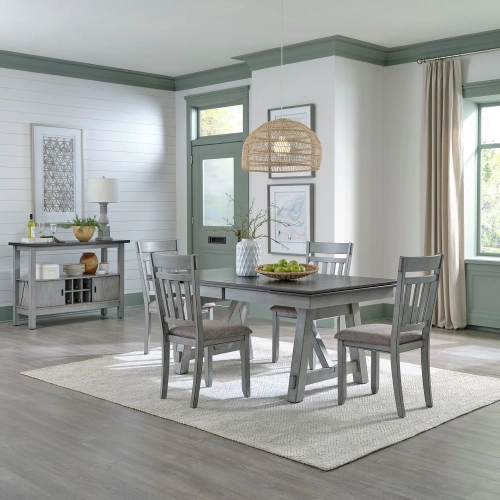 Newport 5 Piece Trestle Dining Set in Gray Wood & Linen