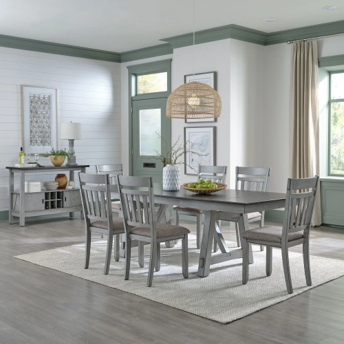 Newport 7 Piece Trestle Dining Set in Gray Wood & Linen