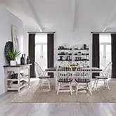 Farmhouse 7 Piece Trestle Dining Set in Distressed White & Wood