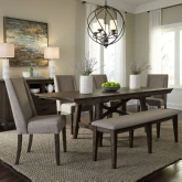 Double Bridge 6 Piece Trestle Dining Set in Wood & Grey Linen
