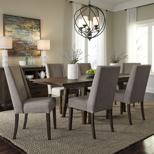 Double Bridge 7 Piece Trestle Dining Set in Wood & Grey Linen