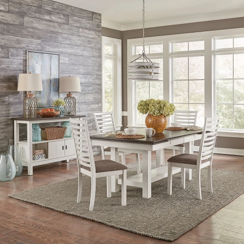Brook Bay 5 Piece Trestle Dining Set in White, Gray & Grey Fabric