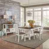 Brook Bay 5 Piece Trestle Dining Set in White, Gray & Grey Fabric