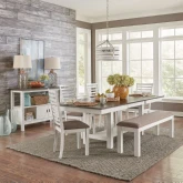 Brook Bay 6 Piece Trestle Dining Set in White, Gray & Grey Fabric