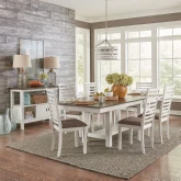 Brook Bay 7 Piece Trestle Dining Set in White, Gray & Grey Fabric