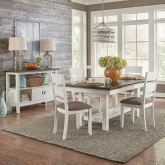 Brook Bay 5 Piece Trestle Dining Set in White, Gray & Grey Fabric