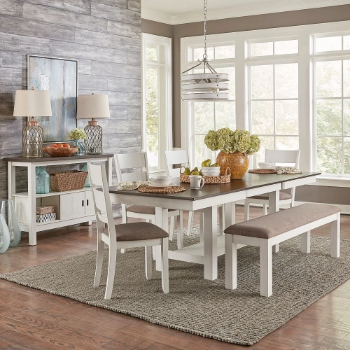 Brook Bay 6 Piece Trestle Dining Set in White, Gray & Grey Fabric