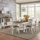 Brook Bay 7 Piece Trestle Dining Set in White, Gray & Grey Fabric