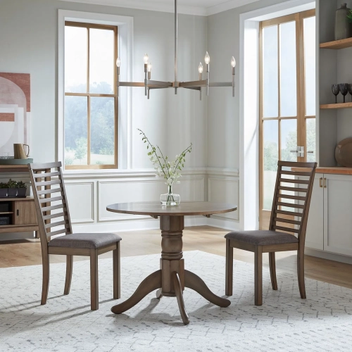 Brook Bay 3 Piece Drop Leaf Dining Set in Sandstone Wood & Gray Linen