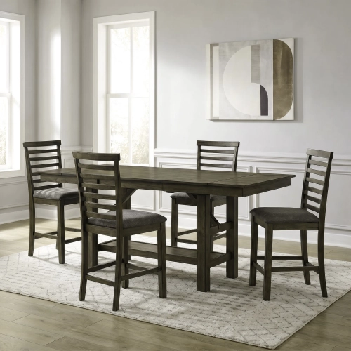 Brook Bay 5 Piece Gathering Dining Set in Sandstone Wood & Gray Linen