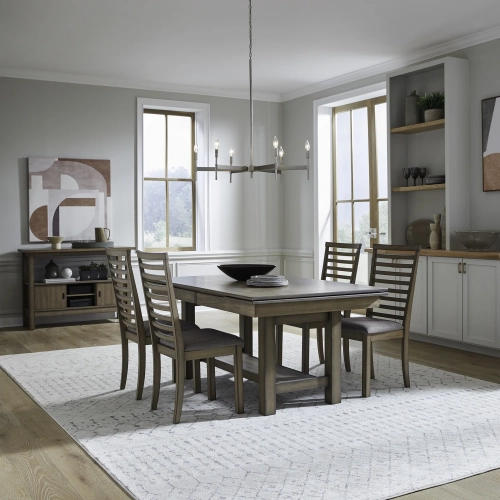 Brook Bay 5 Piece Trestle Dining Set in Sandstone Wood & Gray Linen