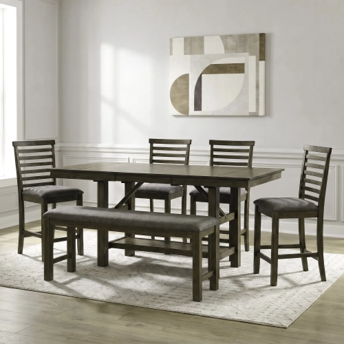 Brook Bay6 Piece Gathering Dining Set in Sandstone Wood & Gray Linen