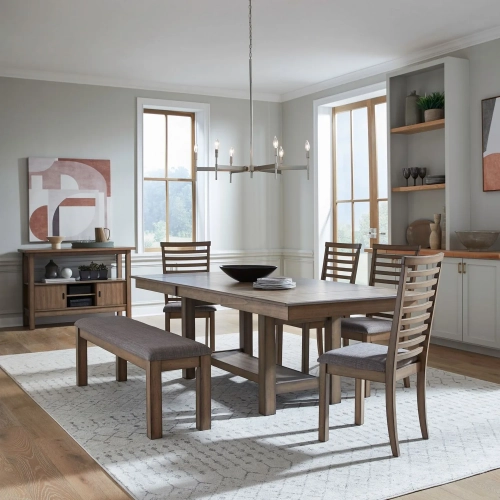 Brook Bay 6 Piece Trestle Dining Set in Sandstone Wood & Gray Linen