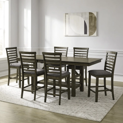 Brook Bay 7 Piece Gathering Dining Set in Sandstone Wood & Gray Linen