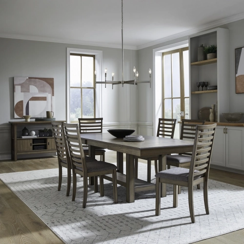 Brook Bay 7 Piece Trestle Dining Set in Sandstone Wood & Gray Linen