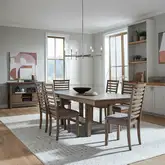 Brook Bay 7 Piece Trestle Dining Set in Sandstone Wood & Gray Linen