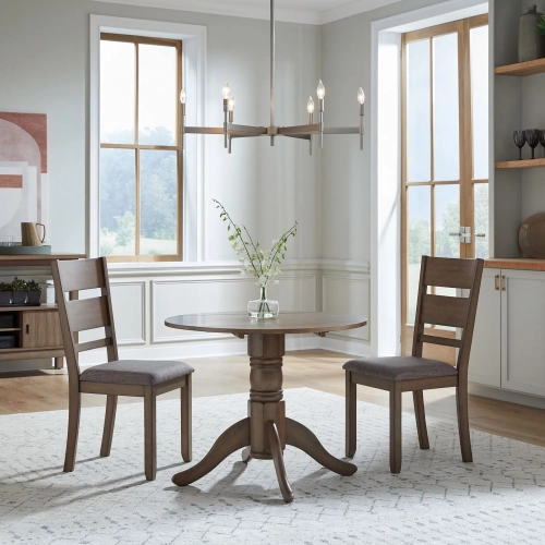 Brook Bay 3 Piece Drop Leaf Dining Set in Sandstone Wood & Gray Linen